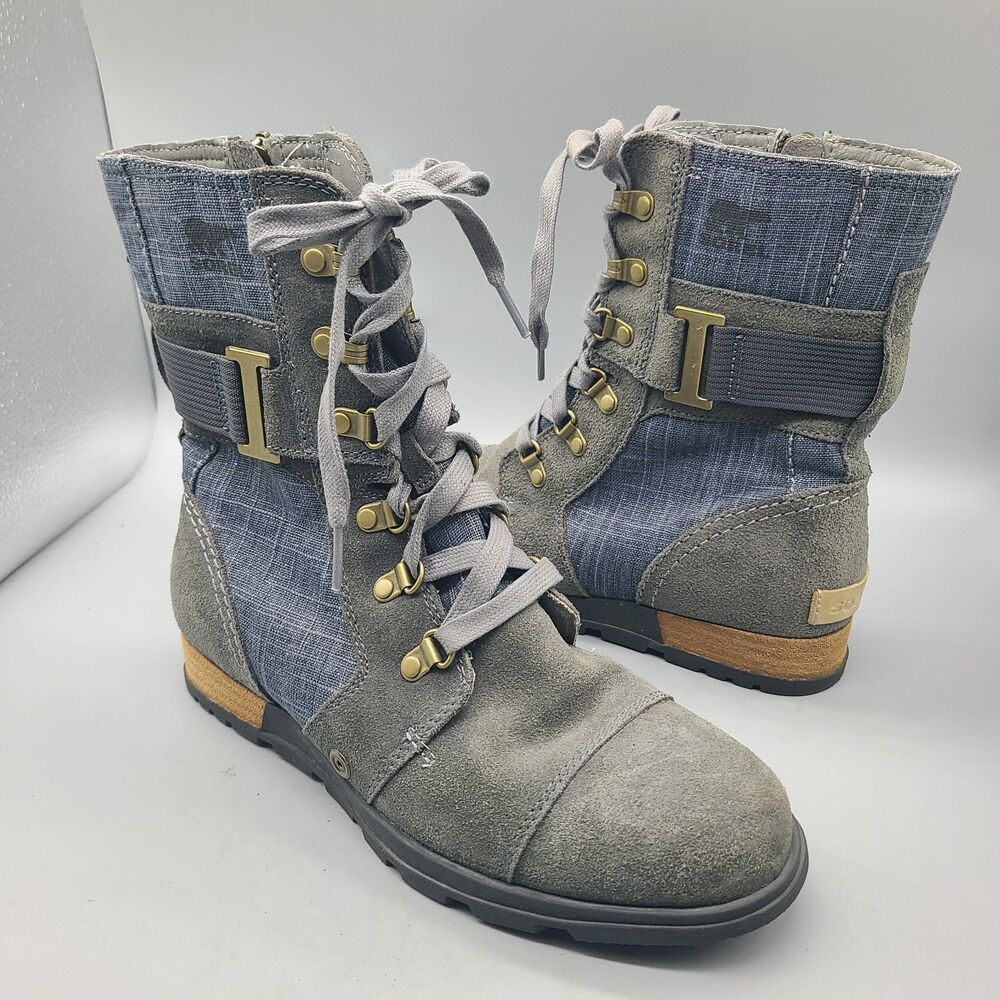 Sorel Major Carly Combat Boots denim shimmer  / gray suede lace-up Zip Size 7.5
